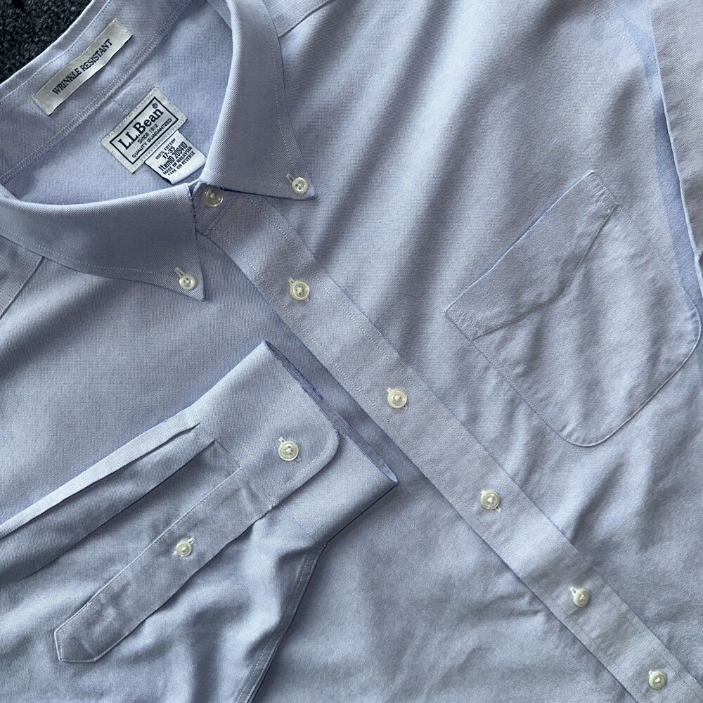 LL Bean Men’s Business Dress Shirt 17-35 Wrinkle Resistant Button Up Light Blue